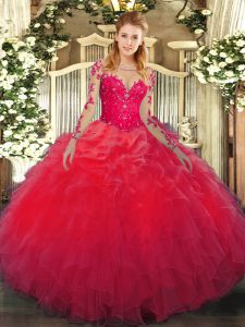 Great Floor Length Red Quinceanera Dresses Scoop Long Sleeves Lace Up
