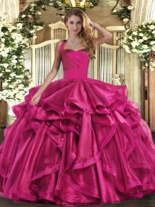 Fuchsia Quinceanera Dresses Military Ball and Sweet 16 and Quinceanera with Ruffles Halter Top Sleeveless Lace Up