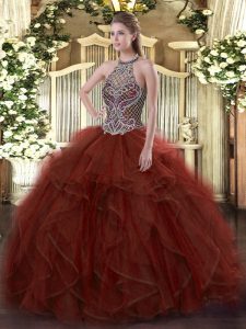 Deluxe Rust Red Ball Gowns Halter Top Sleeveless Organza Floor Length Lace Up Beading and Ruffles Quinceanera Gowns
