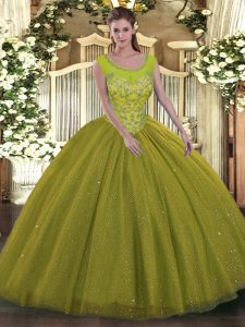Custom Made Beading Quinceanera Gown Olive Green Backless Sleeveless Floor Length