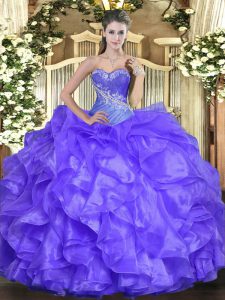 Beautiful Lavender Organza Lace Up Sweet 16 Dress Sleeveless Floor Length Beading and Ruffles
