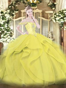 Yellow Ball Gown Prom Dress Military Ball and Sweet 16 and Quinceanera with Beading and Ruffles Off The Shoulder Sleevel