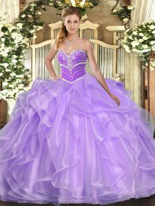 Traditional Floor Length Lace Up Quinceanera Gowns Lavender for Military Ball and Sweet 16 and Quinceanera with Beading 