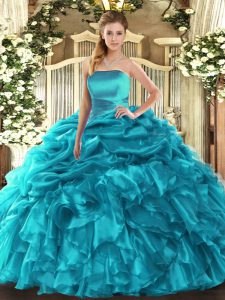 Sweet Strapless Sleeveless Organza Quinceanera Gowns Ruffles and Pick Ups Lace Up