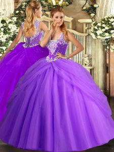 Straps Sleeveless Lace Up 15 Quinceanera Dress Lavender Tulle