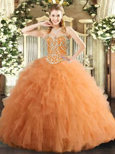 Sleeveless Tulle Floor Length Lace Up Ball Gown Prom Dress in Orange with Beading and Ruffles
