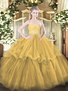 Gold Ball Gowns Sweetheart Sleeveless Tulle Brush Train Zipper Beading and Lace and Ruffled Layers 15th Birthday Dress