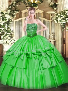 Fancy Green Ball Gowns Strapless Sleeveless Organza and Taffeta Floor Length Lace Up Beading and Ruffled Layers 15 Quinc