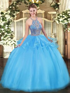 Custom Fit Aqua Blue Ball Gowns Beading and Ruffles Quinceanera Gown Lace Up Tulle Sleeveless Floor Length