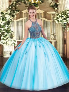 Pretty Aqua Blue Ball Gowns Tulle Halter Top Sleeveless Beading and Appliques Floor Length Lace Up Vestidos de Quinceane