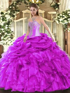 Fuchsia Ball Gowns Organza Sweetheart Sleeveless Beading and Ruffles and Pick Ups Floor Length Lace Up Quinceanera Gown