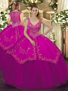 Elegant Fuchsia Ball Gowns Beading and Embroidery Vestidos de Quinceanera Zipper Taffeta and Tulle Sleeveless Floor Leng
