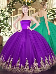New Style Purple Tulle Zipper Quinceanera Dress Sleeveless Floor Length Appliques