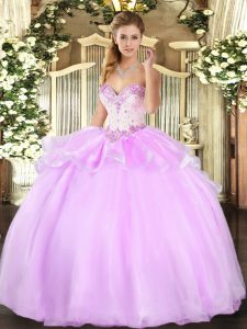 Lilac Ball Gowns Beading Sweet 16 Dresses Lace Up Organza Sleeveless Floor Length