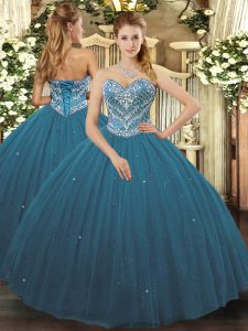 Free and Easy Teal Sweetheart Neckline Beading Quince Ball Gowns Sleeveless Lace Up