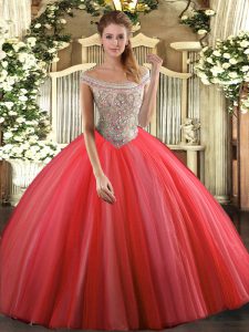 Coral Red Sleeveless Tulle Lace Up Sweet 16 Quinceanera Dress for Sweet 16 and Quinceanera