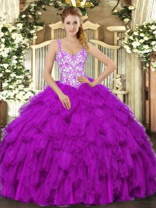 Comfortable Fuchsia Straps Neckline Beading and Appliques and Ruffles Quinceanera Gowns Sleeveless Lace Up