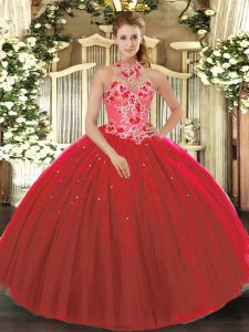 Custom Made Halter Top Sleeveless Sweet 16 Quinceanera Dress Floor Length Embroidery Red Tulle