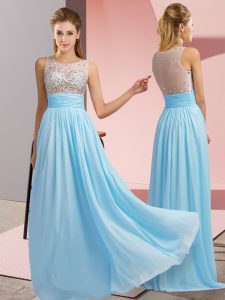 Scoop Sleeveless Homecoming Dress Floor Length Beading Aqua Blue Chiffon