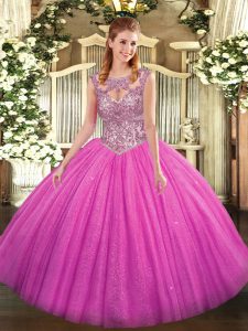 Elegant Scoop Sleeveless Lace Up 15 Quinceanera Dress Fuchsia Tulle