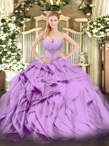 Fancy Sleeveless Floor Length Beading and Ruffles Lace Up Quinceanera Gown with Lavender
