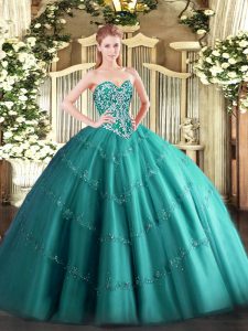 Sleeveless Tulle Floor Length Lace Up 15th Birthday Dress in Teal with Beading and Appliques