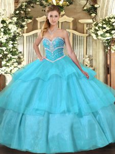 Ball Gowns 15 Quinceanera Dress Aqua Blue Sweetheart Tulle Sleeveless Floor Length Lace Up