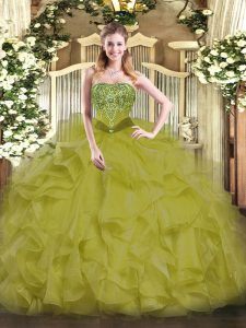 Fine Sleeveless Floor Length Beading and Ruffles Lace Up Quinceanera Gown with Olive Green