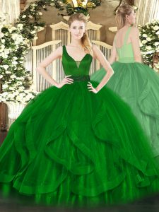 Sleeveless Floor Length Beading and Ruffles Zipper Ball Gown Prom Dress with Dark Green