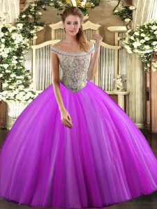 High Quality Fuchsia Sleeveless Floor Length Beading Lace Up 15th Birthday Dress