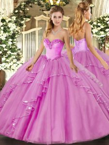 Classical Floor Length Lace Up Quinceanera Gowns Lilac for Military Ball and Sweet 16 and Quinceanera with Beading and R