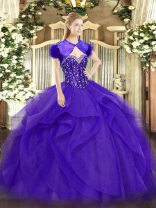 Purple Lace Up Sweetheart Beading and Ruffles 15th Birthday Dress Tulle Sleeveless