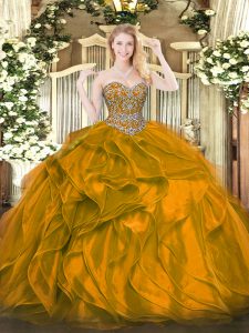 Sleeveless Organza Floor Length Lace Up Vestidos de Quinceanera in Orange with Beading and Ruffles