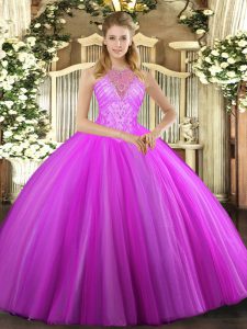 Custom Design Sleeveless Tulle Floor Length Lace Up Ball Gown Prom Dress in Fuchsia with Beading