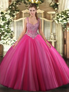 Fashionable Hot Pink Sleeveless Beading Floor Length Quinceanera Dresses