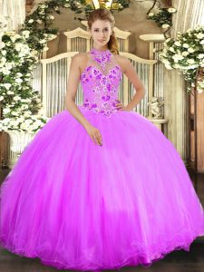 Admirable Ball Gowns 15 Quinceanera Dress Lilac Halter Top Tulle Sleeveless Floor Length Lace Up