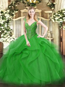Green Ball Gowns Tulle V-neck Sleeveless Beading and Ruffles Floor Length Lace Up 15th Birthday Dress