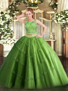 High End Floor Length Green 15 Quinceanera Dress Scoop Sleeveless Lace Up