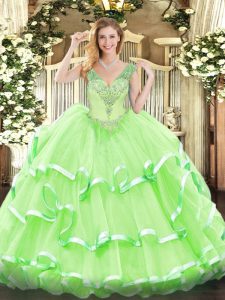 Sleeveless Floor Length Beading and Ruffled Layers Lace Up Vestidos de Quinceanera with