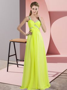 Noble Sleeveless Floor Length Beading Lace Up with Yellow Green