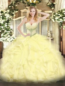 Dazzling Yellow Organza Lace Up Quinceanera Dress Sleeveless Floor Length Beading and Ruffles