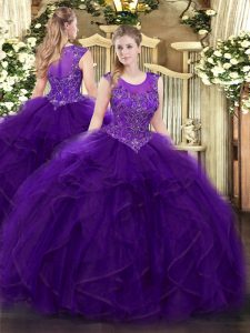 Amazing Sleeveless Organza Floor Length Zipper Quinceanera Dresses in Purple with Beading and Ruffles