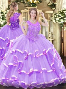 Lavender Sleeveless Beading and Ruffled Layers Floor Length Quinceanera Gowns
