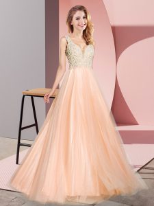 Peach Prom Dress Prom and Party with Lace V-neck Sleeveless Zipper