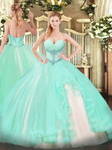 Most Popular Sweetheart Sleeveless Tulle Quince Ball Gowns Beading and Ruffles Lace Up
