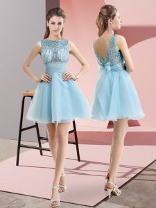 Tulle Bateau Sleeveless Backless Beading and Belt Prom Party Dress in Aqua Blue