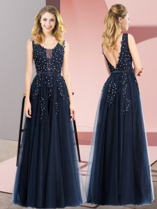 Ideal Tulle Sleeveless Floor Length Evening Dress and Beading and Appliques
