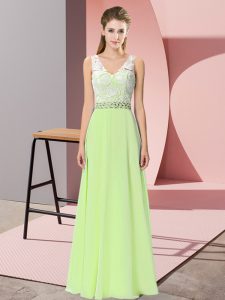 Yellow Green Empire Chiffon V-neck Sleeveless Beading Floor Length Backless Prom Dresses