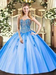 Beauteous Blue Sweetheart Neckline Beading and Appliques Quinceanera Dress Sleeveless Lace Up