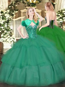 Turquoise Ball Gowns Beading and Ruffled Layers Ball Gown Prom Dress Lace Up Tulle Sleeveless Floor Length